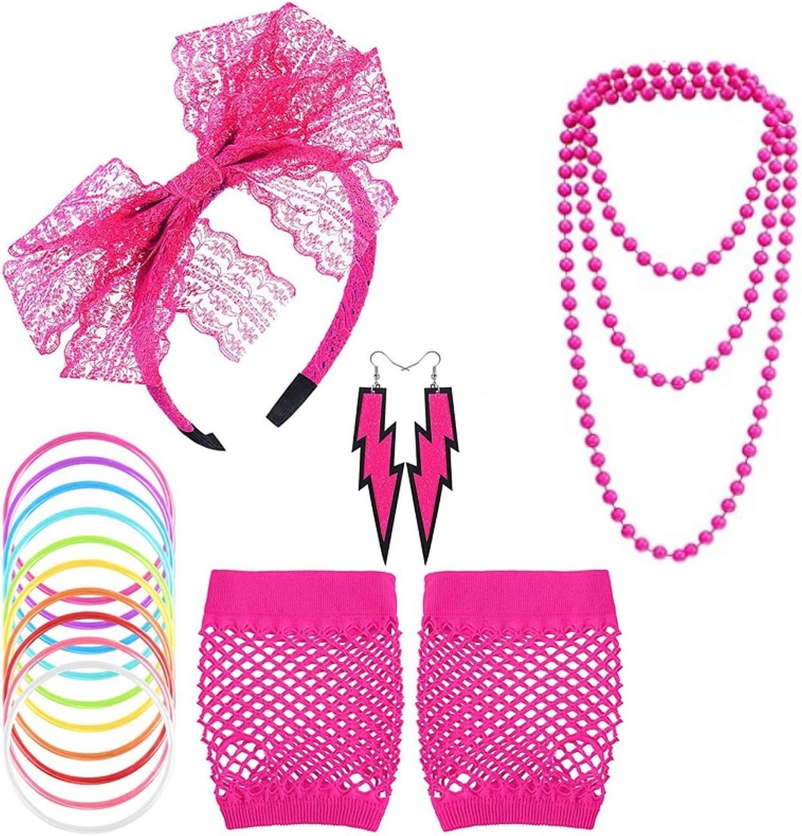 80s Kostuumfeest Accessoires Set met Kanten Haarband, Oorbellen, Visnet Handschoenen en Kettingarmband voor Vrouwen en Meisjes (Roze Rood)