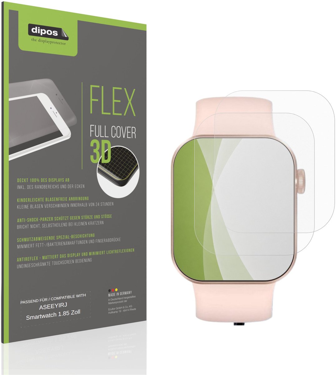 dipos FLEX – 2x Matte Screenprotector geschikt voor ASEEYIRJ Smartwatch 1.85 Zoll | Volledige Schermbescherming | Case-Friendly
