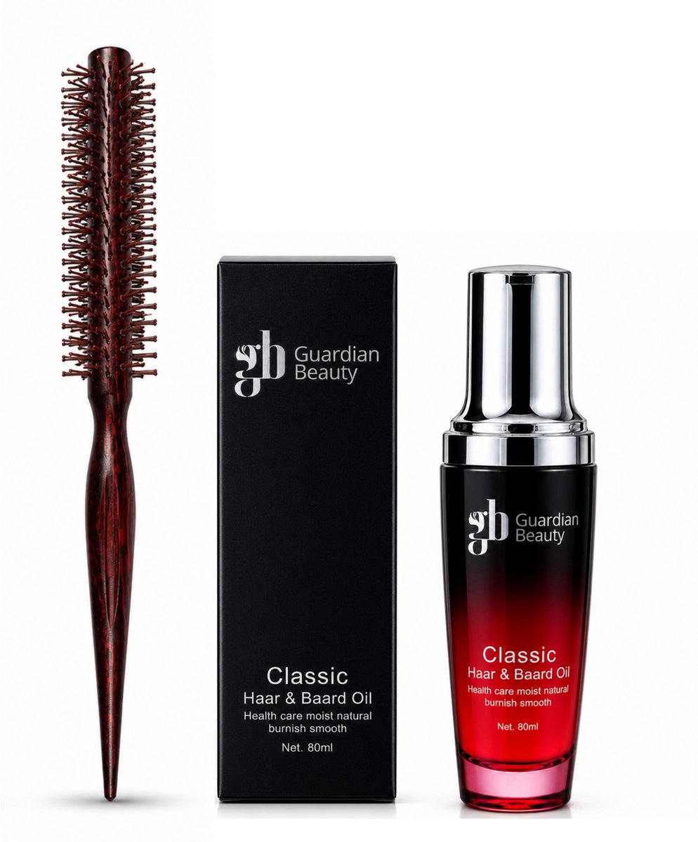 Guardian Beauty Baard Oil + borstel - Pure Arganolie - Classic Haar & Baard Oil - Pure Arganolie & Natuur Plant - Met Ronde Houten Haarborstel - Zwijnenhaar