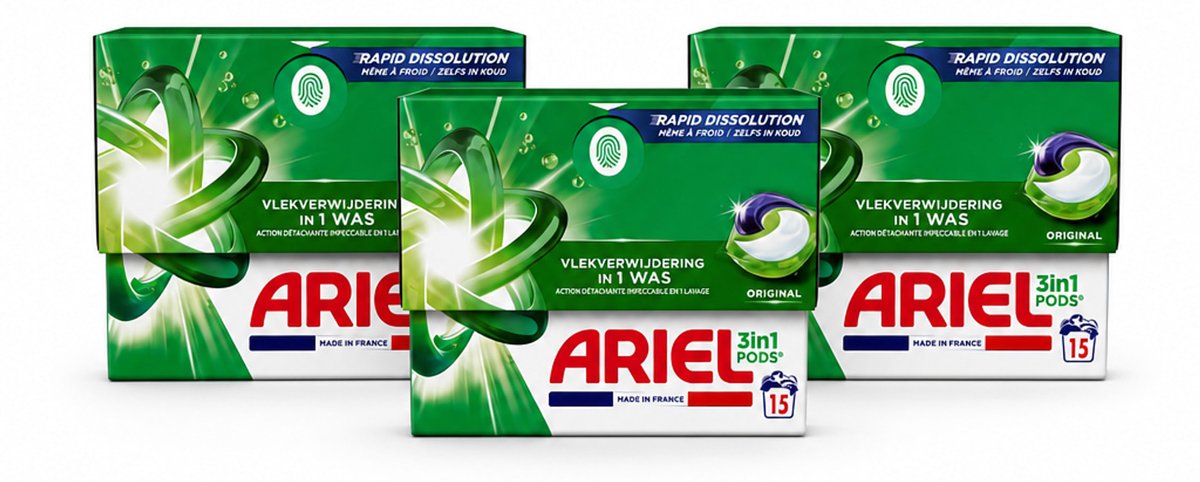 3 x Ariel - 3in1 Wasmiddel Pods - Original - 15 Pods - Voordeelverpakking - 3 stuks