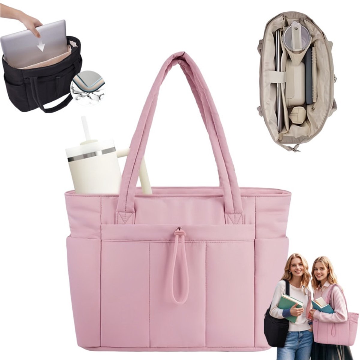 Dameshandtas – Ruime (20 l), stevige shopper / tote – Lichtgewicht reistas / schoudertas – Casual laptoptas – Voorzien van laptopvak (15,6 inch) & geïsoleerd vak voor waterfles (1,18 l) – Geschikt voor werk, school, reizen, winkelen – 40 x 31 x 16 cm