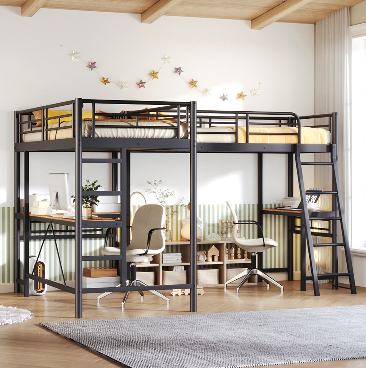 Hoogslaper 90x200 cm - Met Bureau en Ladder - Met Uitvalbeveiliging - Ruimtebesparend Kinderbed - Metaal en MDF - Zwart - Zonder Matras