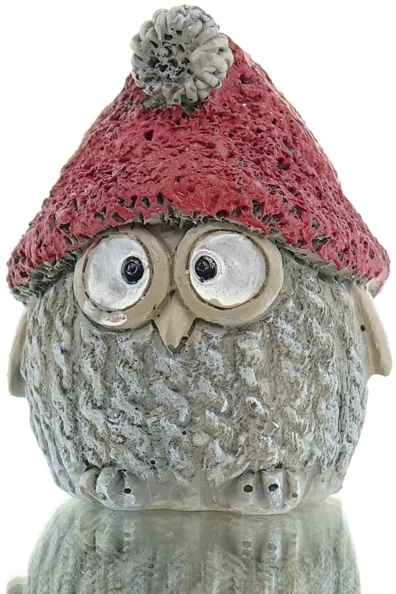 Posiwio kerstdecoratie uil grijs met rode muts 9 cm - polyresin