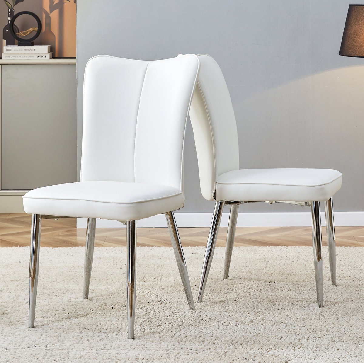 HAUSS SPOLE Eetkamerstoel Set Van 2 - Modern Wit Kunstleer Met Zilveren Metalen Poten - Voor Eetkamer, Bureau En Restaurant - Wit