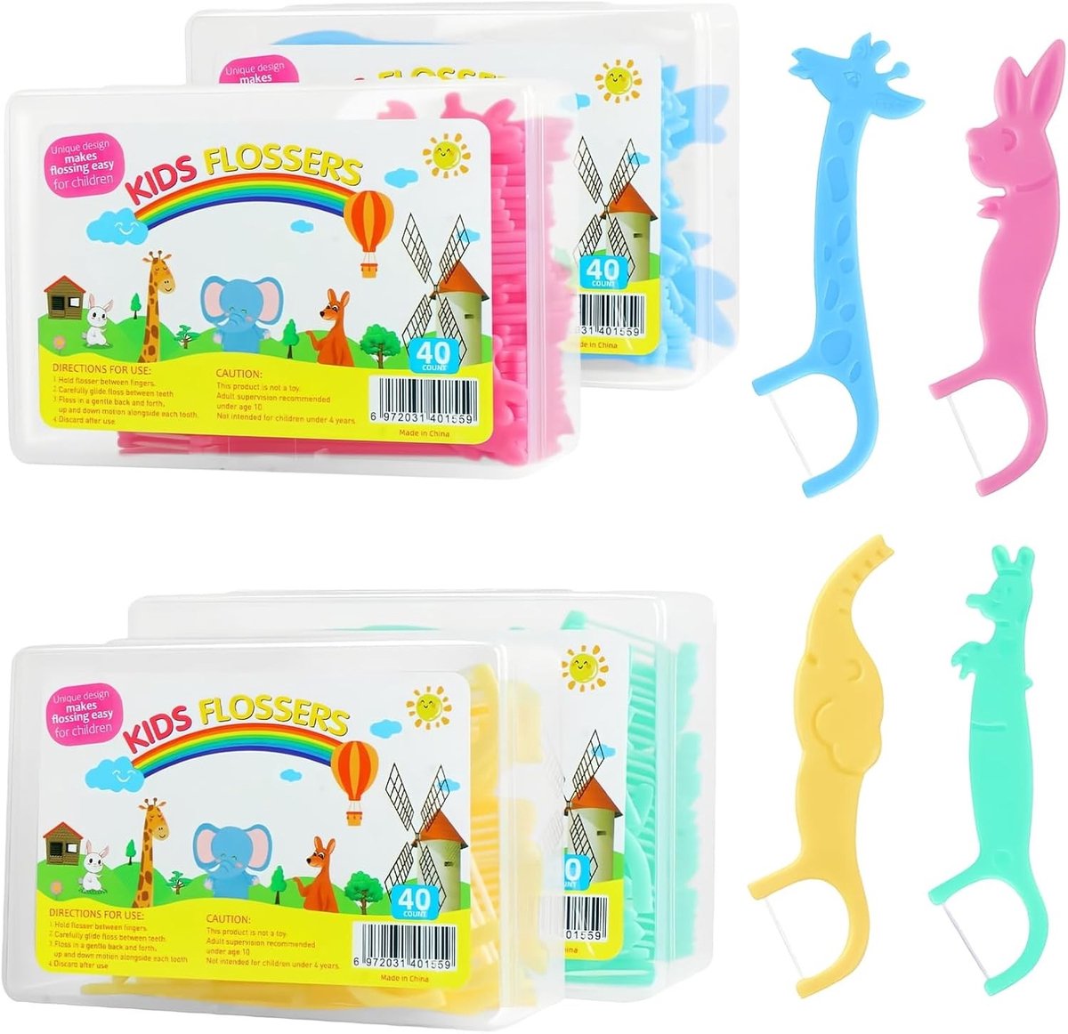 Set van 160 Kindertandenflossticks met 4 Kleurrijke Dierenvormen, Schattige Cartoon Flossticks met Kindvriendelijke Handgreep, Antislip Tandenfloss voor Kinderen