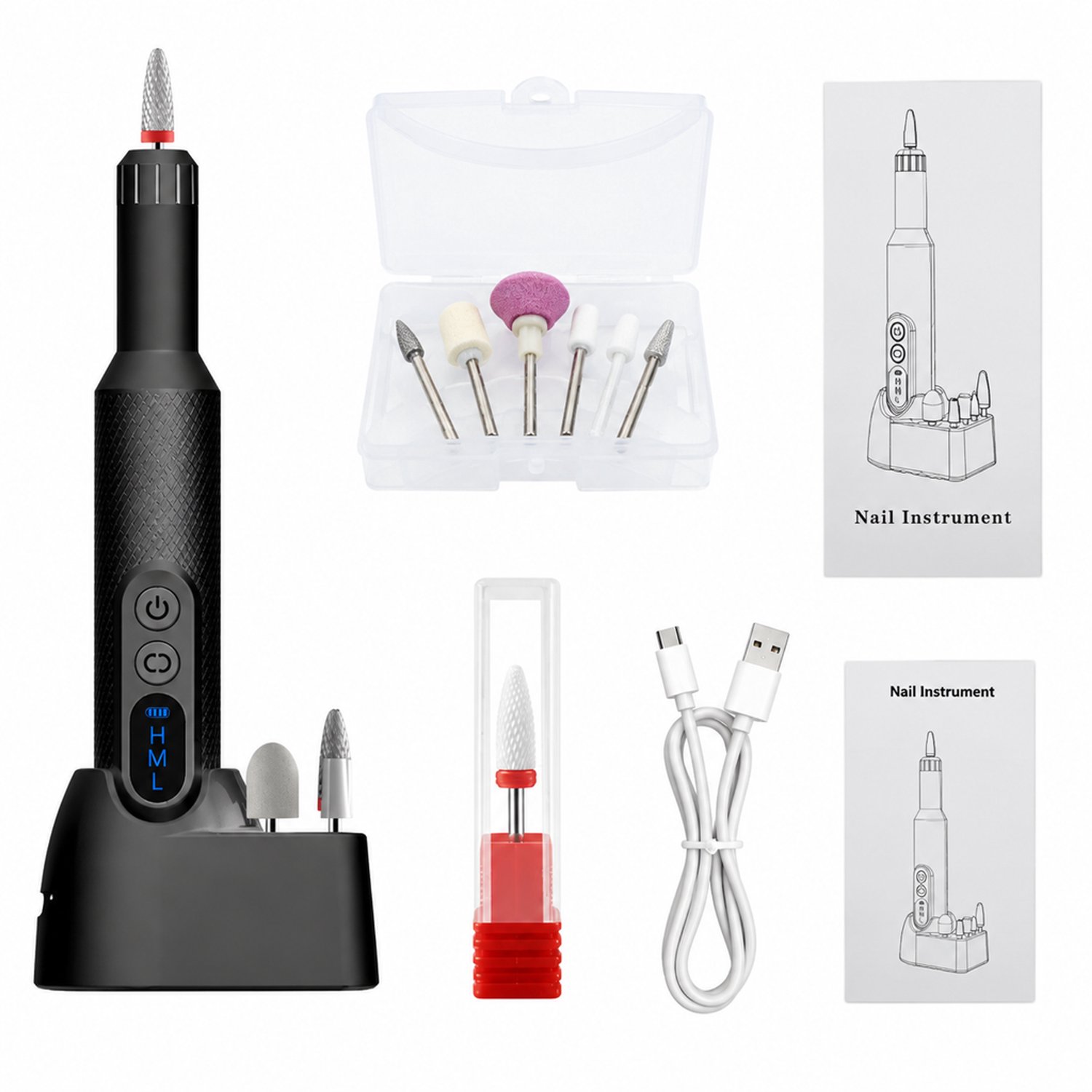 elektrische nageltrimmer - 0-45 instelbare standen - opladen via Type-C - met 6 slijpkoppen - zwarte M3 kunststof uitvoering