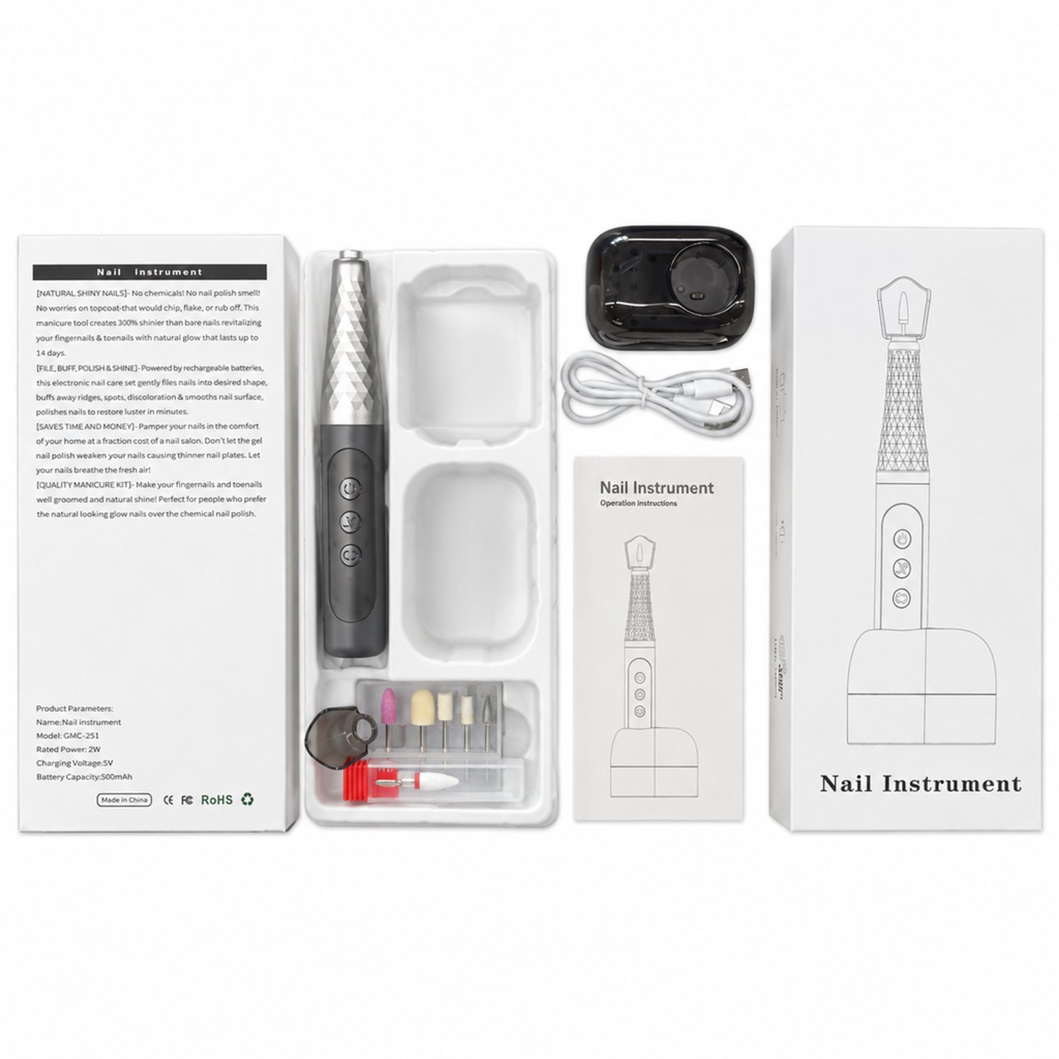 elektrische nageltrimmer - 6 slijpkoppen - USB Type-C opladen - voor dagelijks, thuis- en commercieel gebruik - grijze set met handleiding