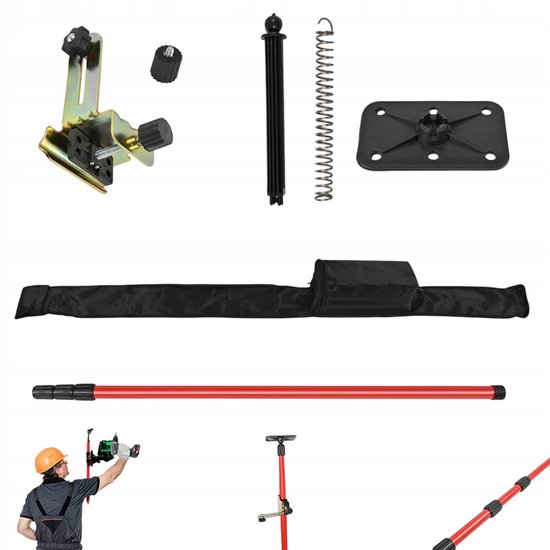 Set van onderdelen voor de laserstatief inclusief beugel, tas en rode paal.