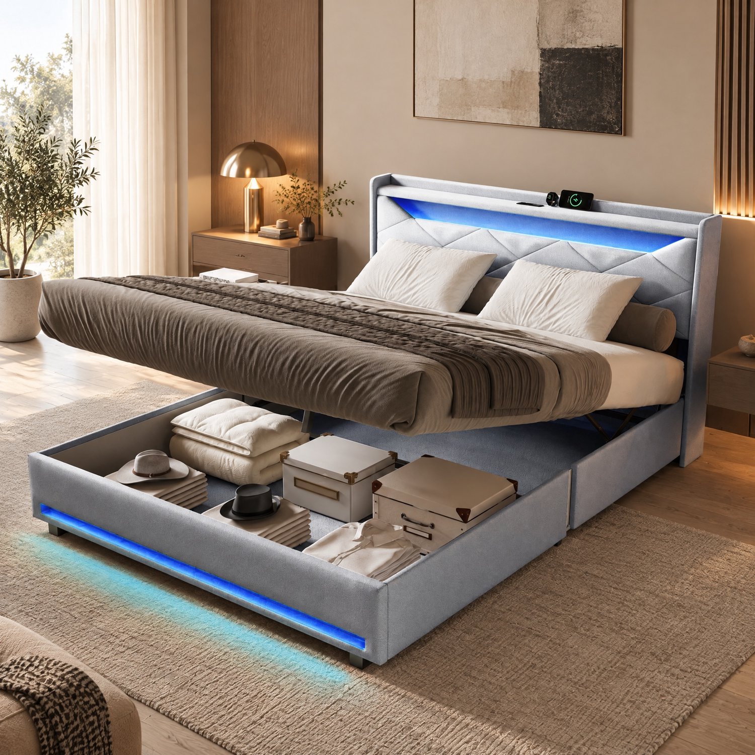 Opbergbed 140x190 cm met ledverlichting en USB-poorten, Tweepersoonsbed gestoffeerd 140x190 met hydraulische opbergruimte en lattenbodem, bedframe voor tieners en volwassenen, linnen Grijs