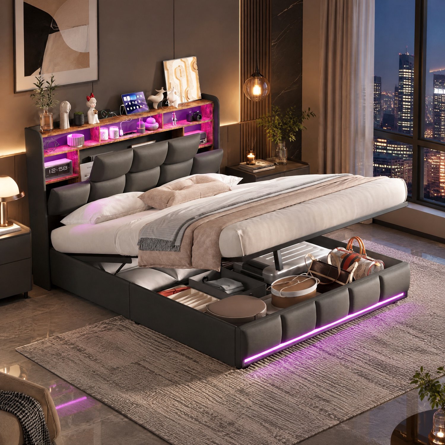 MEXUS Opbergbed 140x200 met LED-en-USB, Tweepersoonsbed met hydraulische opbergruimte en gestoffeerd hoofdbord, bed 140x200 met houten lattenbodem, PU Zwart