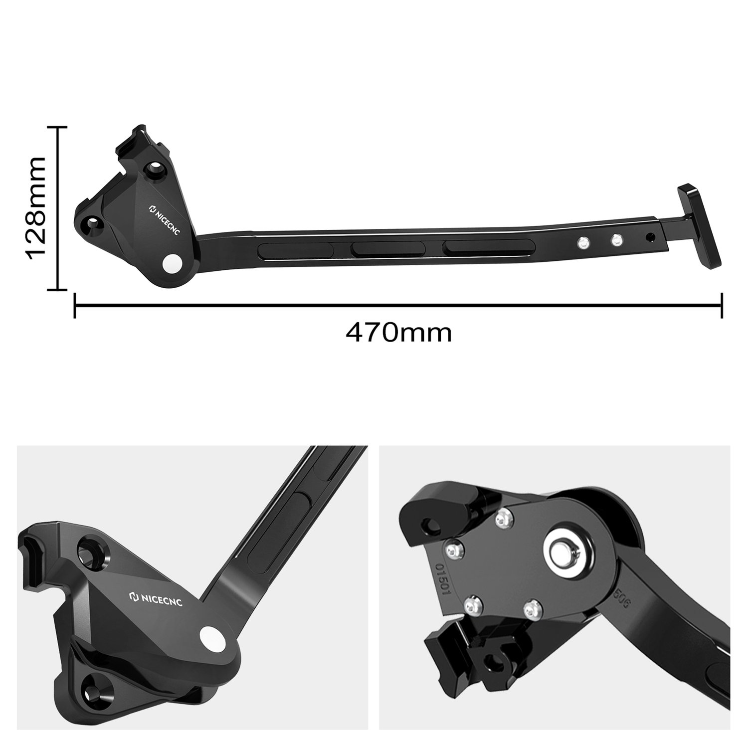 Verstelbare Zijstandaard Zwart - 6061 Aluminium - 59 cm Lengte - Voor Motorfiets - CNC Gefreesd