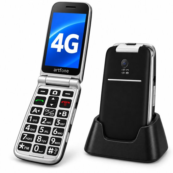 Artfone G3 4G klaptelefoon geopend met groot 4G-scherm en gesloten in het laadstation.