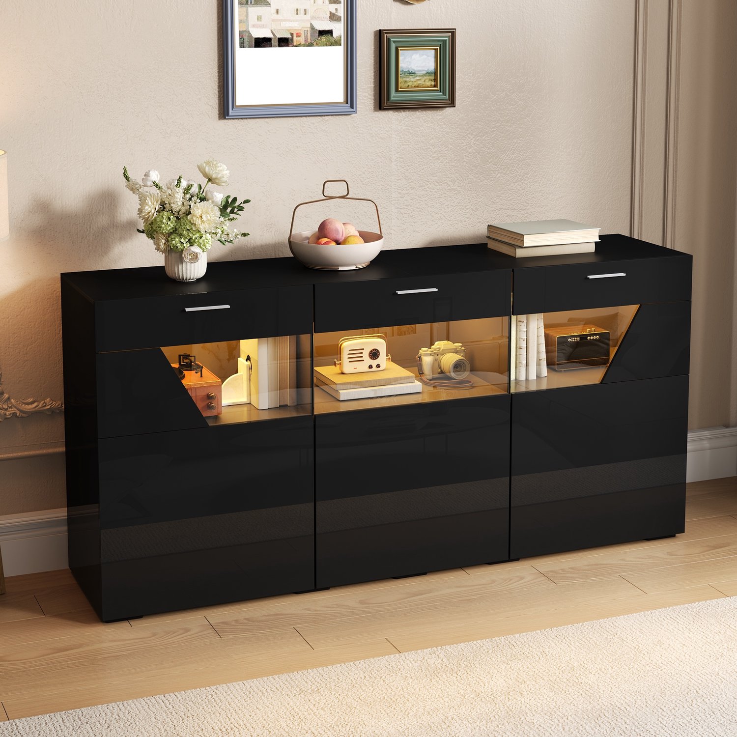 MODENUIT Dressoir - 3 Deuren Met Glas en Ledverlichting - Voor Woonkamer - Spaanplaat - 160x38x78 - Zwart