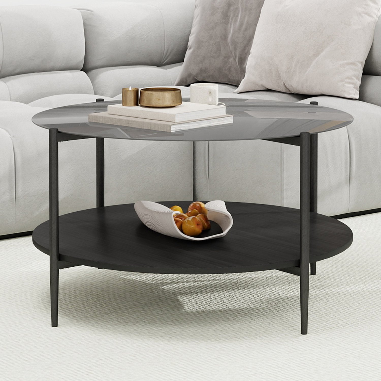 HAUSS SPOLE Salontafel - Ronde Tafel Met Twee Niveaus - Modern Minimalistisch Voor De Woonkamer - Glas Hout Metaal - 82 x 82 x 45 cm - Zwart