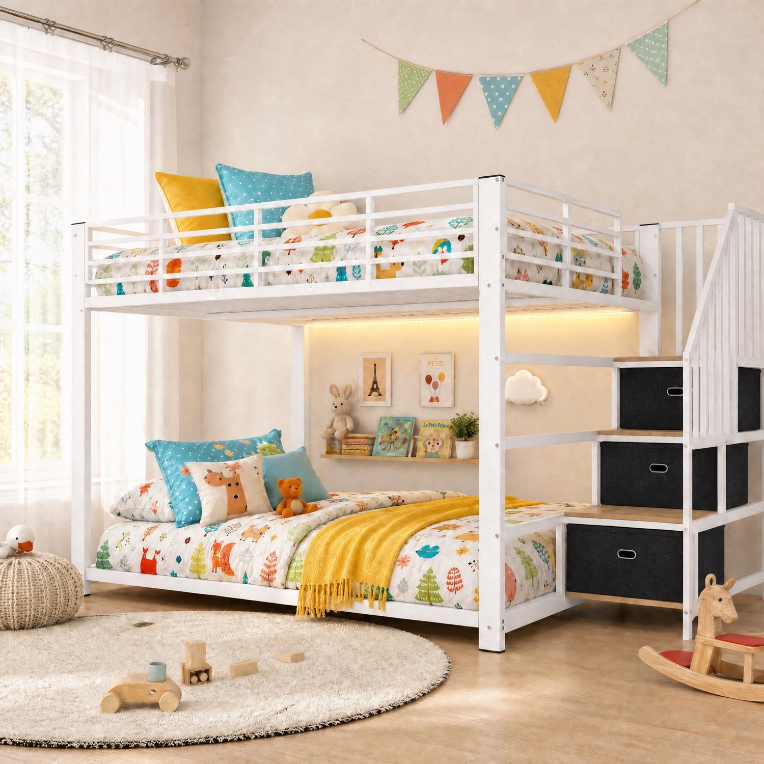 PHOEBE CAT Stapelbed - 140 x 200 cm - Metalen bed - Opbergruimte - LED-verlichting - Stopcontact - Kinderbed - Wit