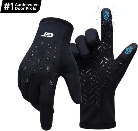 Zwarte sporthandschoenen met GT-logo, waterdruppels en touchscreen-vingertoppen.