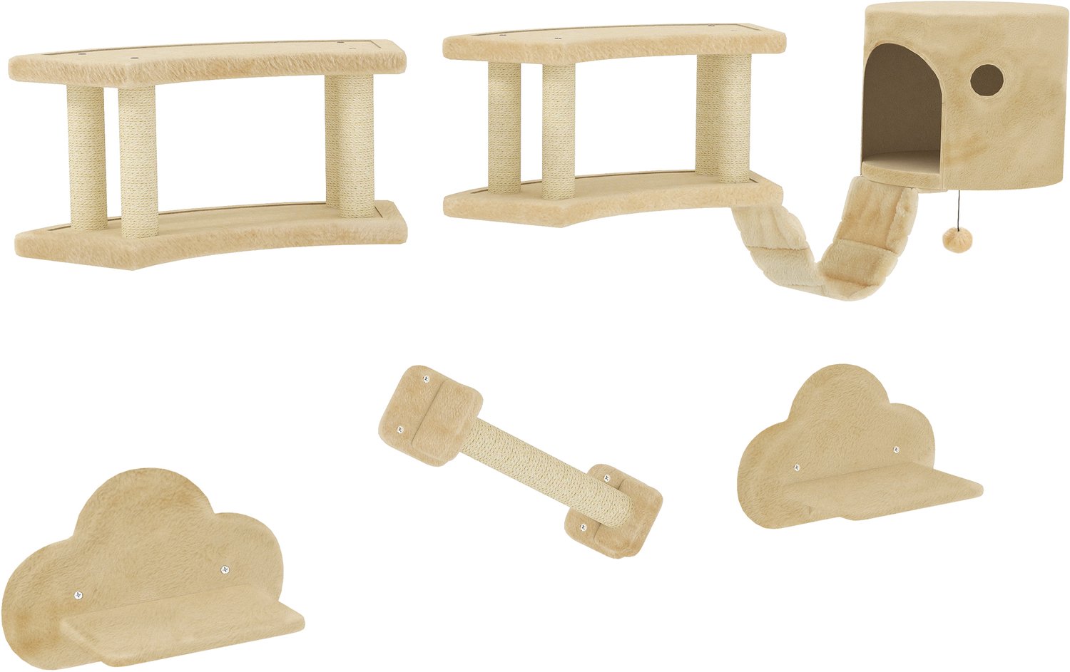 Pawona 5-delige kattenklimwand met krabpaal, huisje en loopplanken - Voor wand- en plafondmontage - Beige