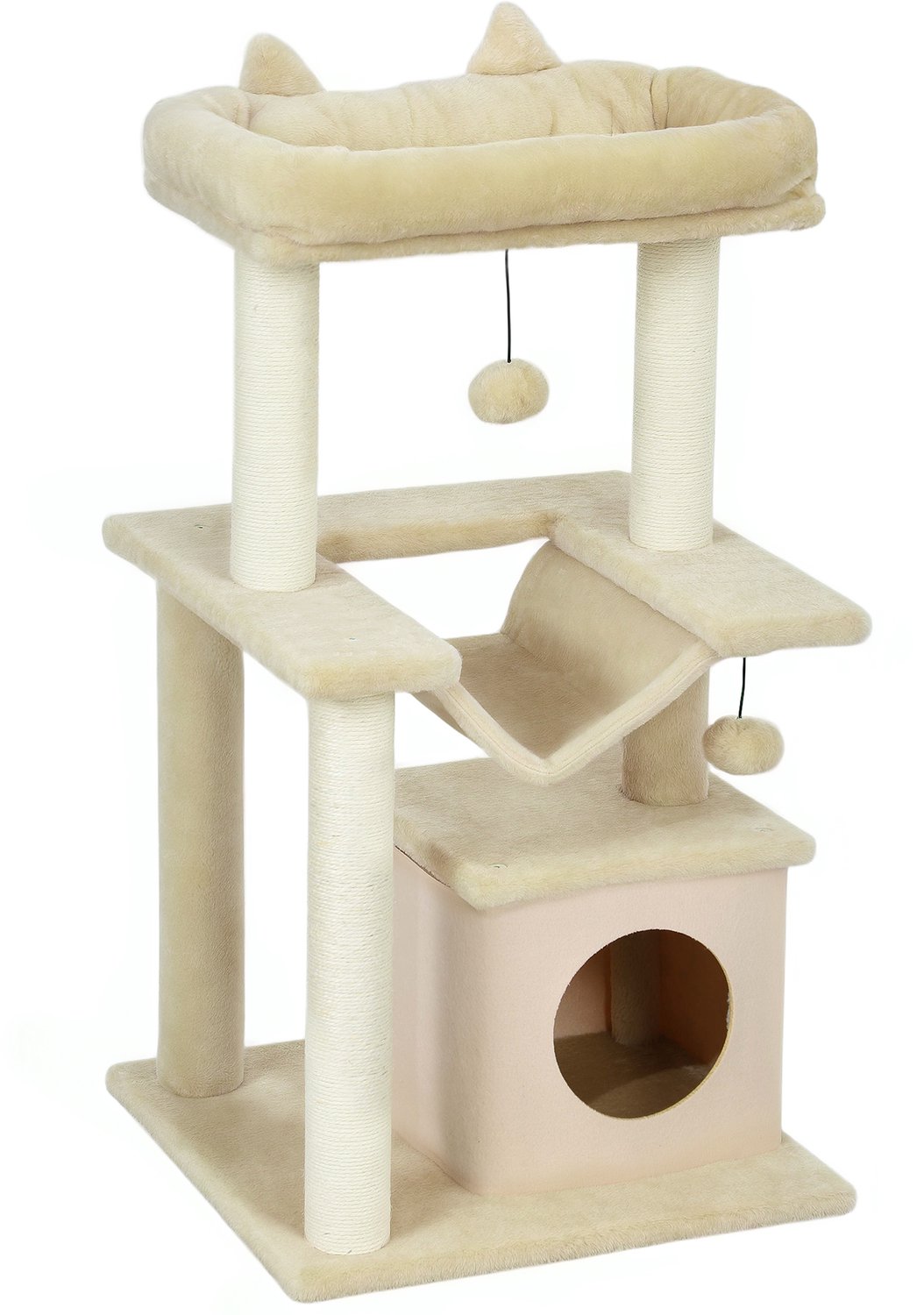 Pawona Krabpaal - Met ligbed, hangmat, krabpaal en speeltje - 48 x 48 x 90 cm - Crème
