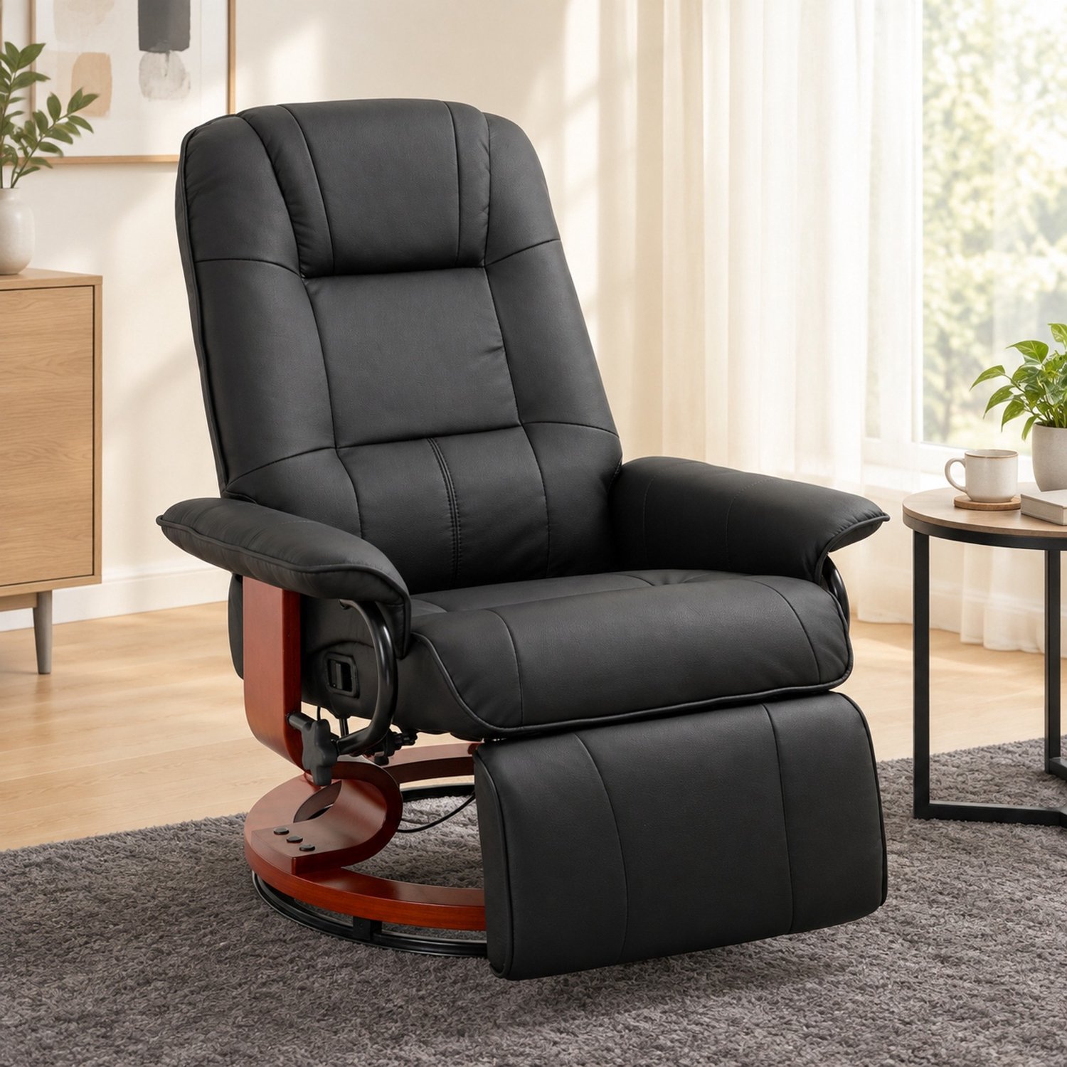 DESMIU Relaxfauteuil 78 x 87 x 100 cm - Handmatig Verstelbare Rugleuning Tot 145 Graden - Draaibaar Met Voetensteun - Woonkamer - Kunstleer Zwart