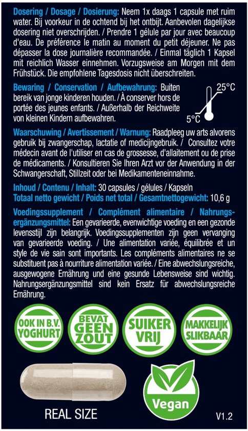 Een capsule met 'REAL SIZE' erop. De verpakking is bruin en er staat 'Vegan' op.