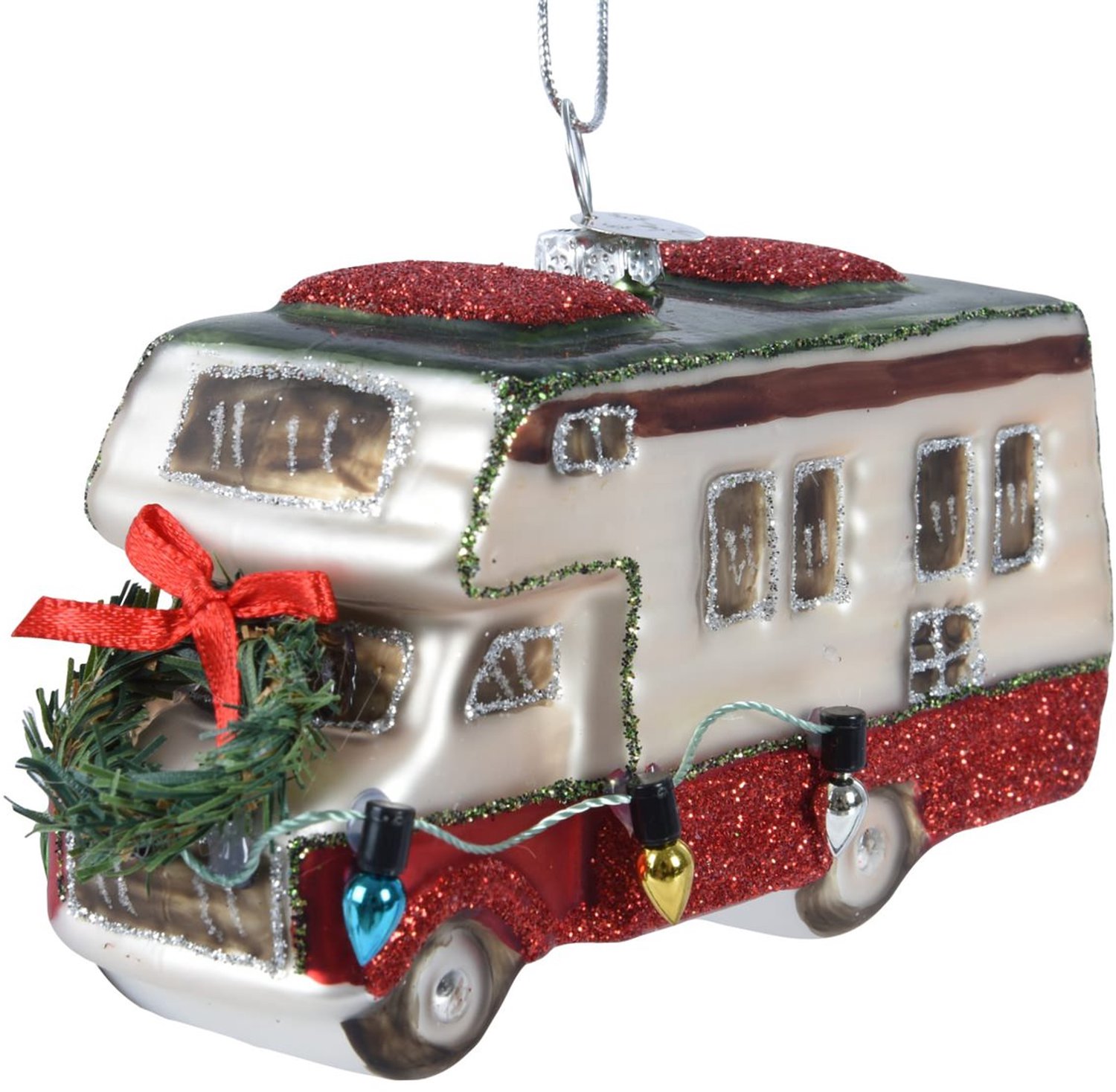 Kaemingk kersthanger camper wit rood 11 cm glas met glitter
