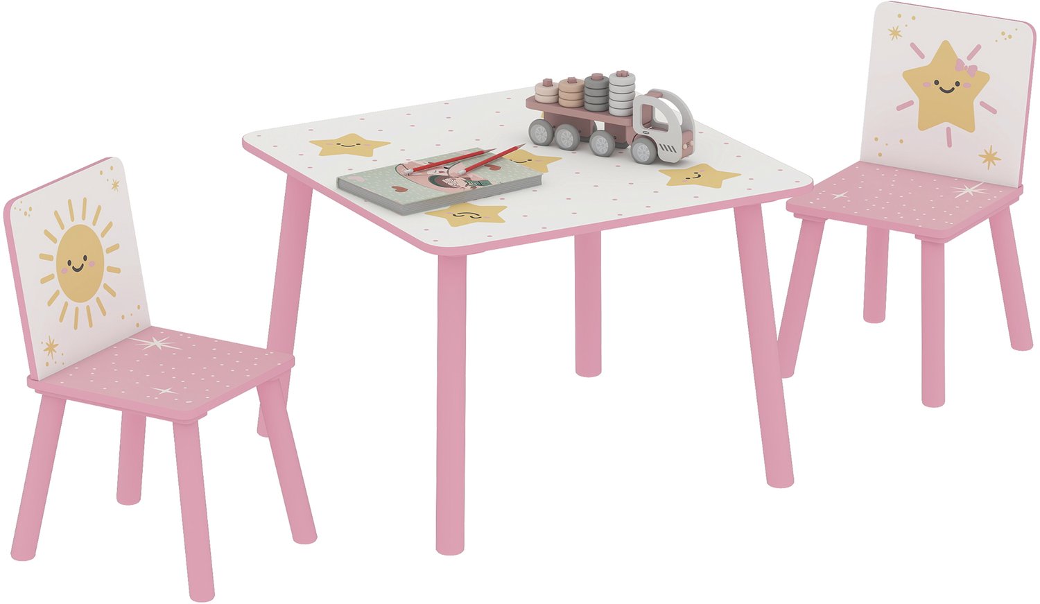 Kindertafel met stoel - houten tafel en 2 kinderstoelen set - sterrenpatroon - 60 x 60 x 44 cm - roze