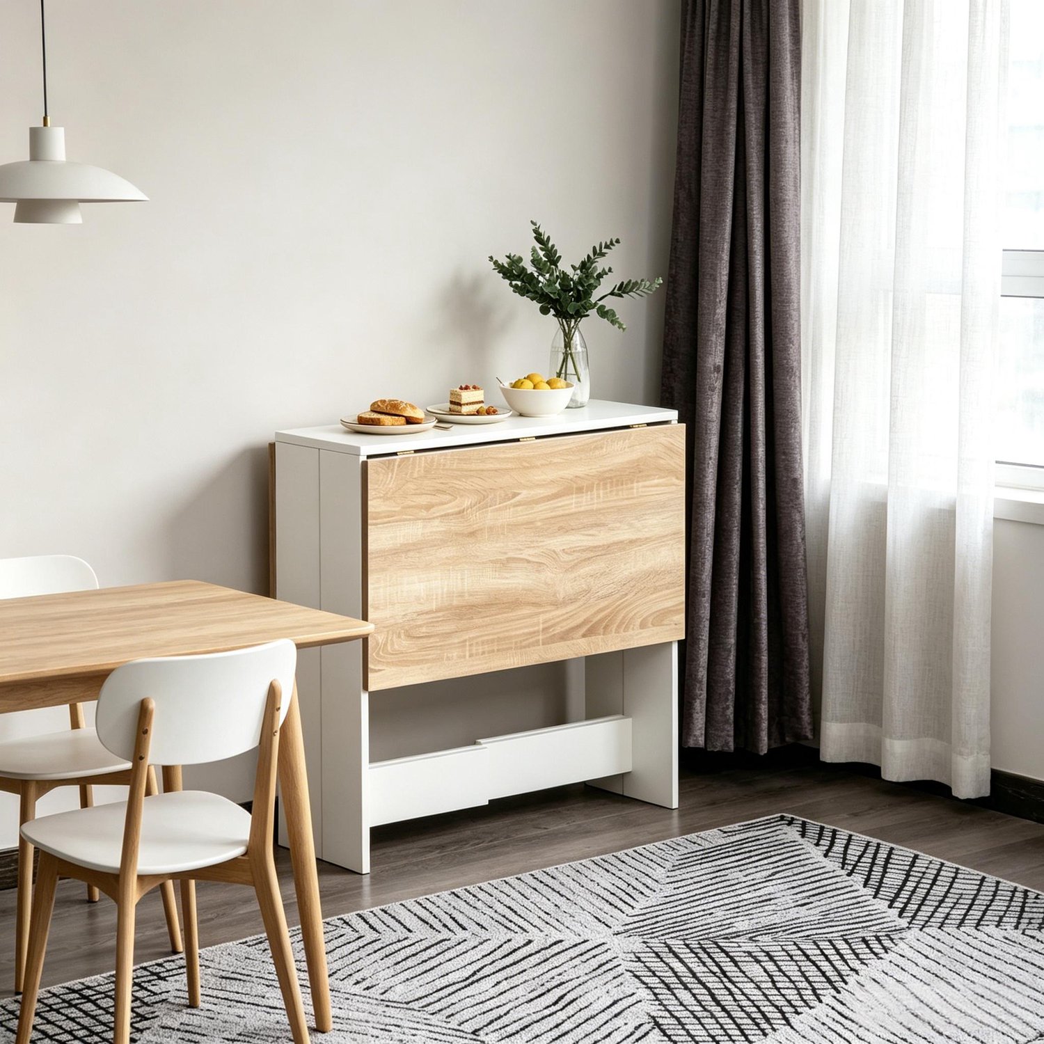 HAUSS SPOLE Eettafel - Opklapbaar Tweezijdig Tafelblad - Ruimtebesparend Voor Keuken Woonkamer En Kantoor - MDF - Eiken Wit - 103x76x74 cm Eiken, wit