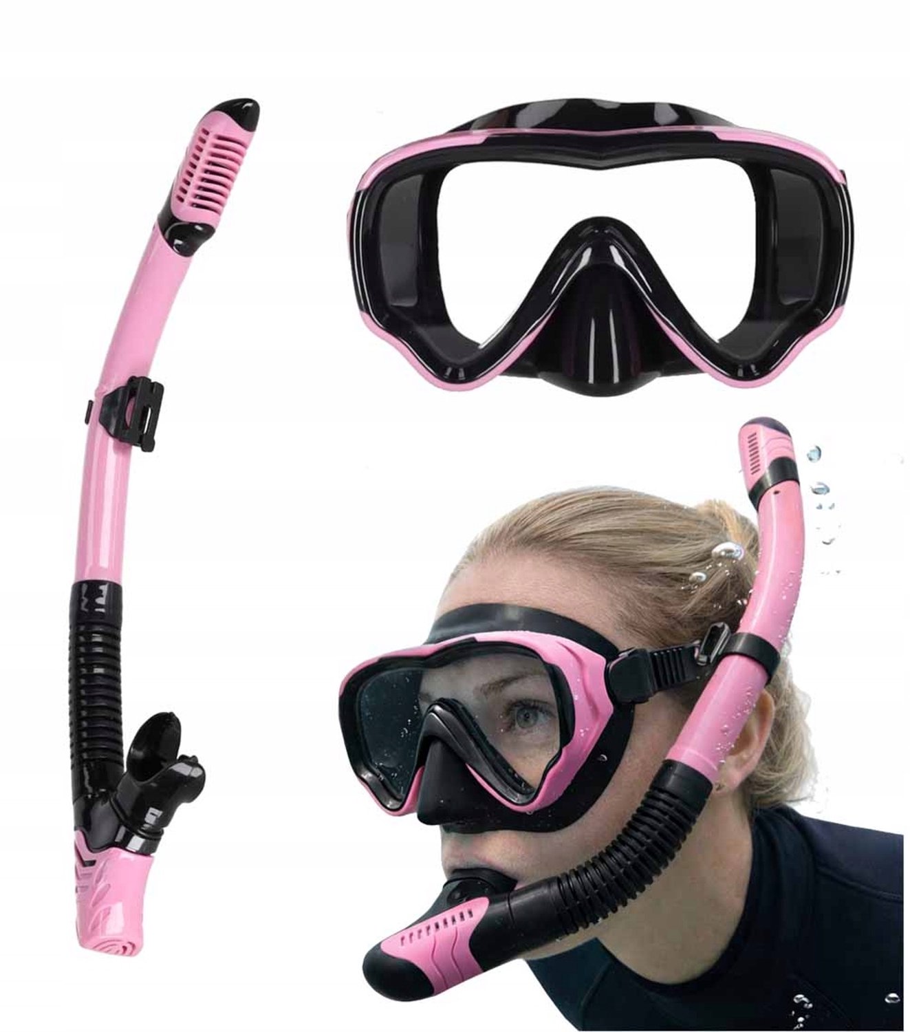 Snorkelset met Panorama Masker en Droge Snorkel - Roze/Zwart