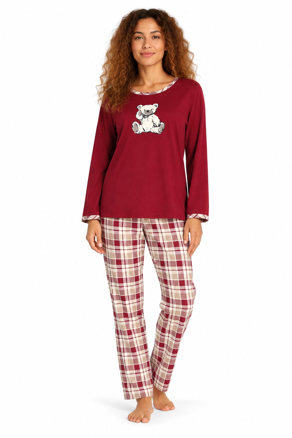 Comtessa - Dames Pyjama - Donkerrood met Berenprint en Geruite Broek - 100% Katoen - maat 38