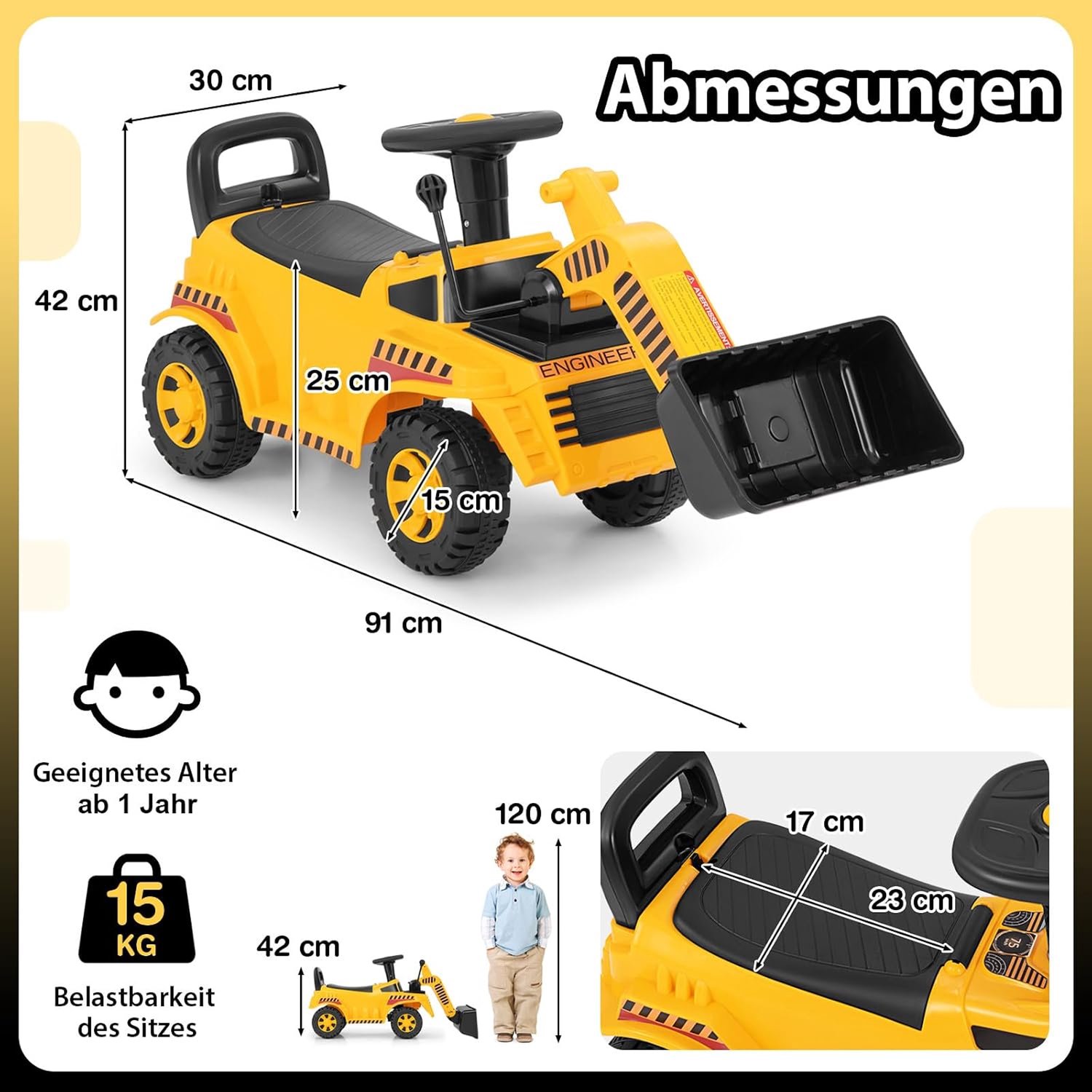 COSTWAY Graafmachine om op te zitten, verstelbare schep en opbergruimte, motorgeluid en beveiliging, zandbak, voor kinderen vanaf