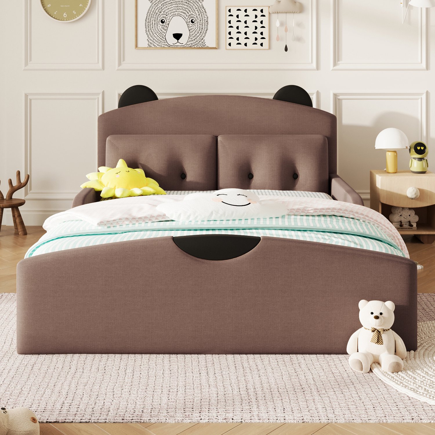 MUVANO Platformbed 140 x 200 cm - Gestoffeerd bed met linnen bekleding - Berenvormig hoofdbord - Met 2 sierkussens - Bruin