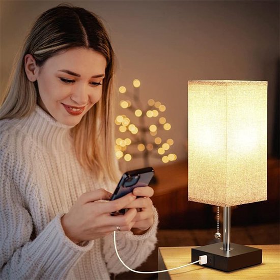 Tafellamp Set van 2, Touch Bedlampje met 3 Kleurtemperaturen en 1-100% Dimbaar, Nachtlampfunctie, USB-A en USB-C Oplaadaansluiting, Set inclusief 2 lampen met linnen lampenkap, EU stekker [Energieklasse G] — afbeelding 2