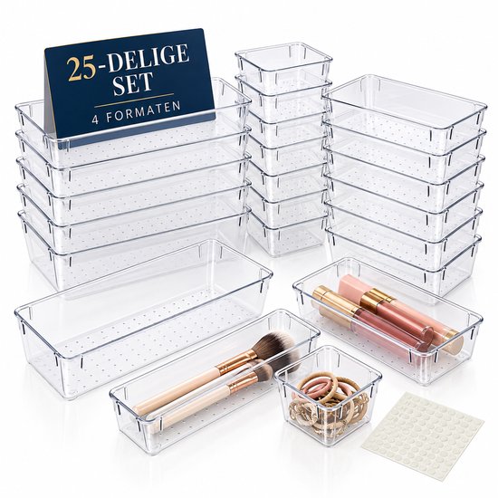 25-delige set transparante lade organizers in 4 formaten, met make-up en haaraccessoires.