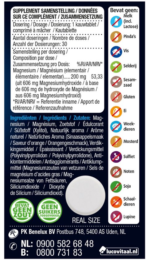 Achterkant van de verpakking van Lucovitaal Pure Marine Magnesium Kauwtabletten, met ingrediënten en allergeneninformatie.