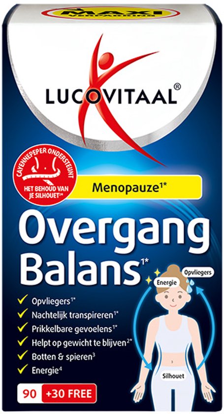 Verpakking Lucovitaal Overgang Balans met rode figuur, tekst "Menopauze" en lijst met voordelen.