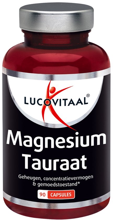 Lucovitaal Magnesium Tauraat capsules in een rode pot met zilveren dop. Pot bevat 90 capsules.