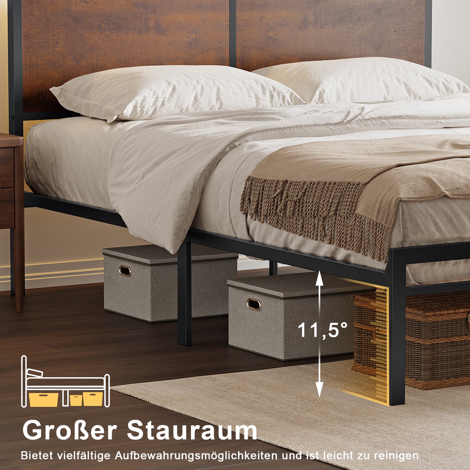HAUSOURCE FABATO HB002-Bedframe-140x200 cm-Hoofdbord Met LED-Stopcontacten-Geruisloos-Schwarz
