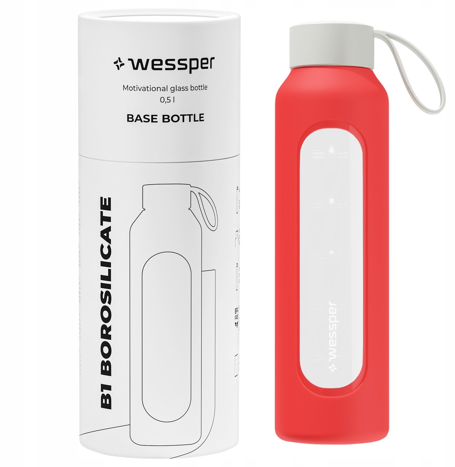 Wessper B1 Borosilicaat Waterfles 0,5L - Poppy | Motivatie & Stijl