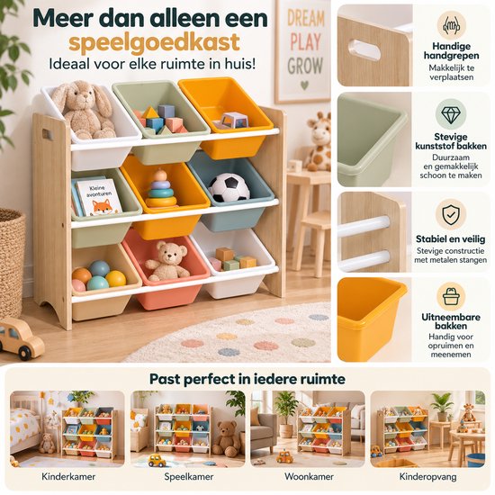 Speelgoed Opbergkast met 9 Uitneembare Bakken – Kinderkamer Opbergmeubel – Speelgoedkast & Organizer – 66 x 29,5 x 60 cm — afbeelding 4