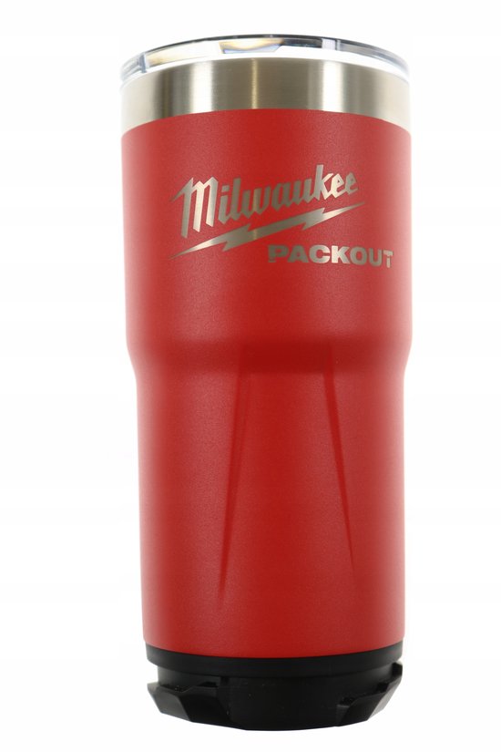 Gobelet isotherme rouge Milwaukee Packout de 591 ml avec logo argenté et base noire.