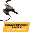 Zwarte grillplaat met verstelbare thermostaat en handgrepen.