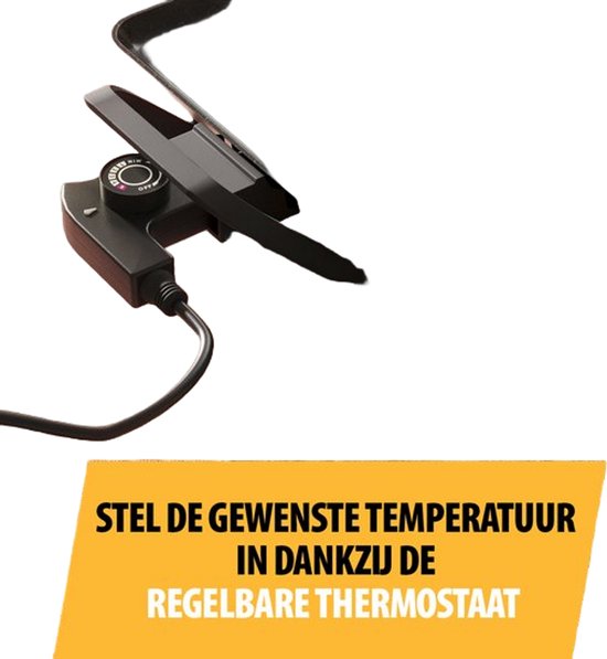Zwarte grillplaat met verstelbare thermostaat en handgrepen.