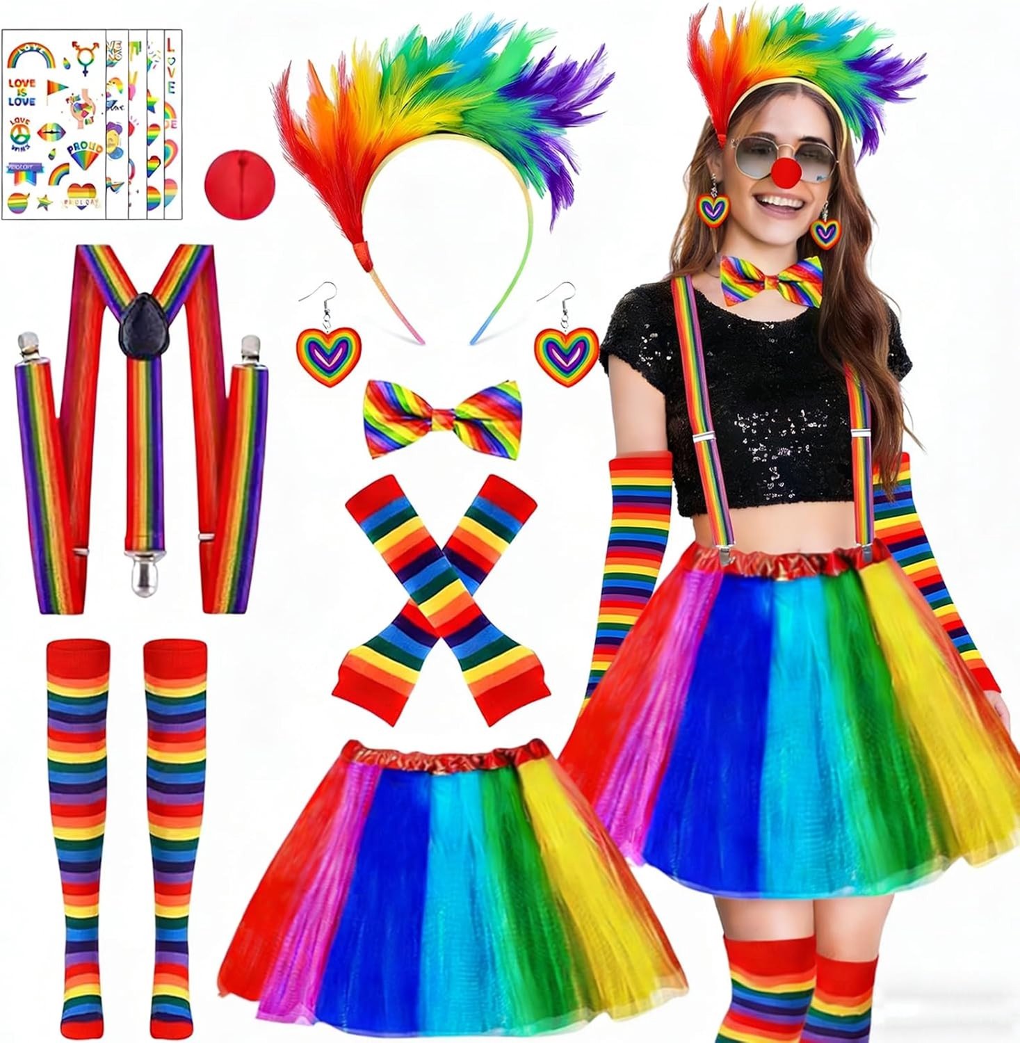 Kleurrijk regenboogkostuum voor dames met tule rok, accessoires en clownneus voor carnaval en themafeesten