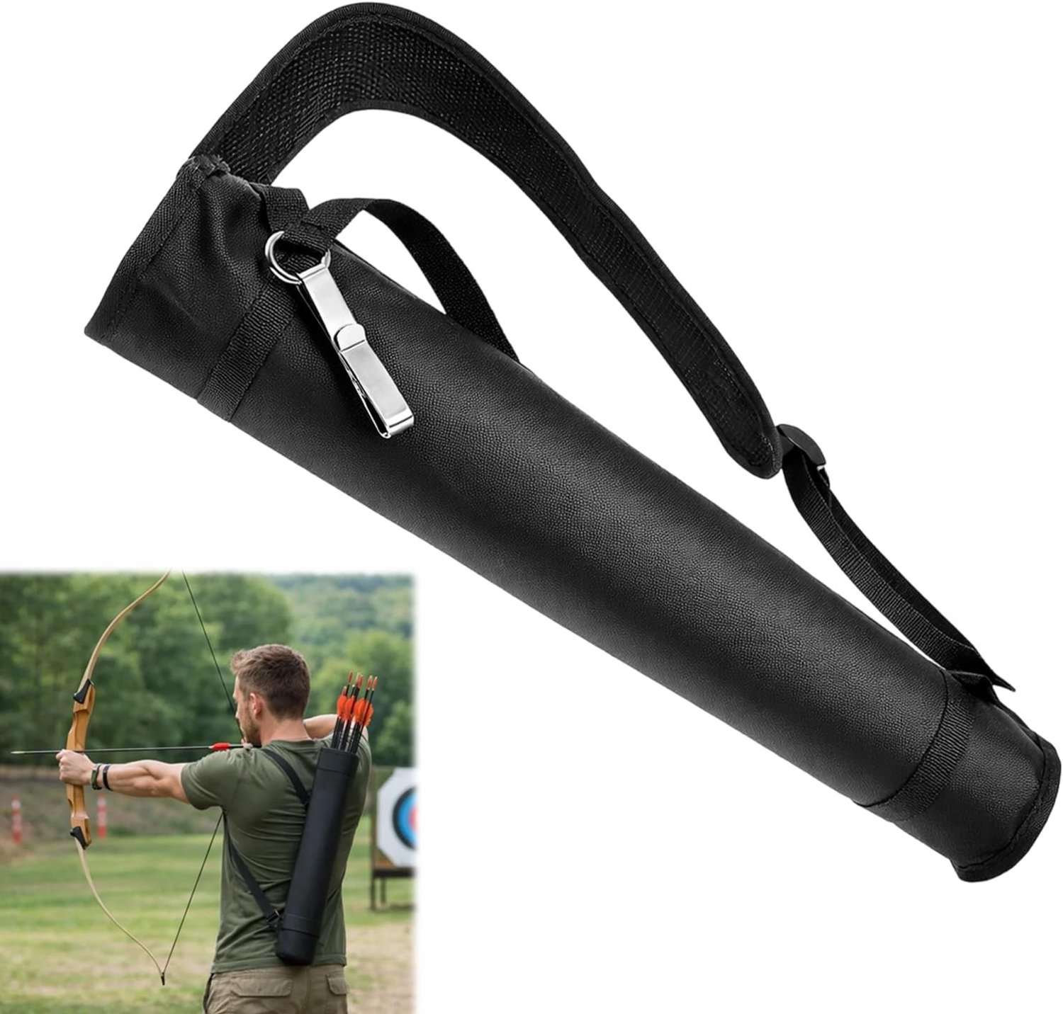 Verstelbare boogdrager in rugzakvorm met zijvak voor heupen, ideaal voor sporten met een compound of recurve boog