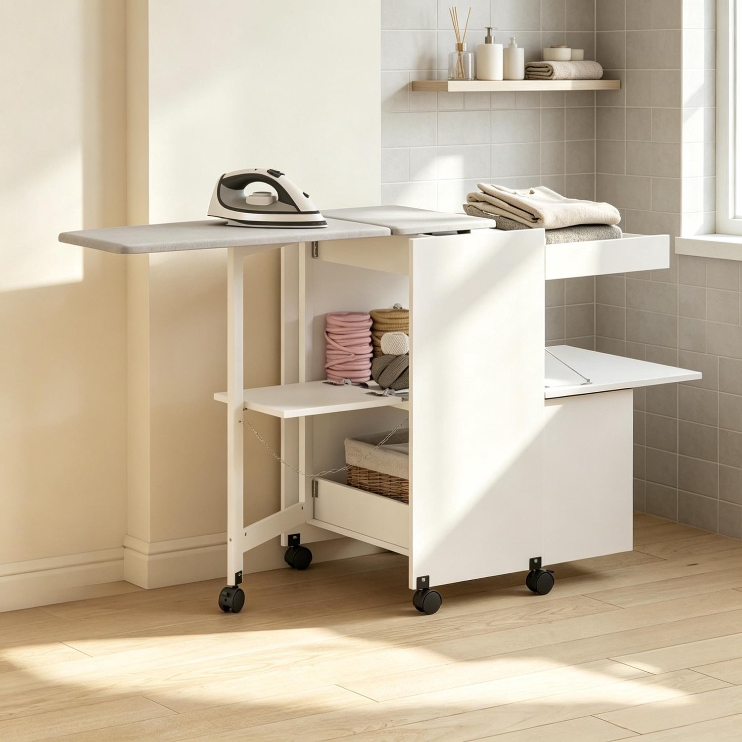 DESMIU Strijkkast - Opvouwbare Strijkplank Met Wielen En Schuifdeuren - Voor Kleine Wasruimtes - MDF - 154x55x87 Cm - Wit