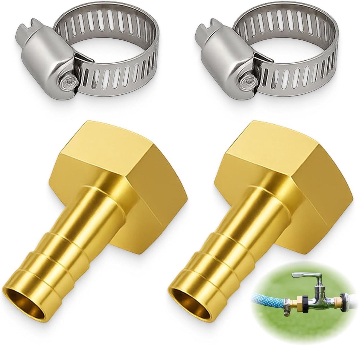 Hose adapter 10mm - messing - met 2 slangklemmen - voor lucht, gas en water - ShopVlot