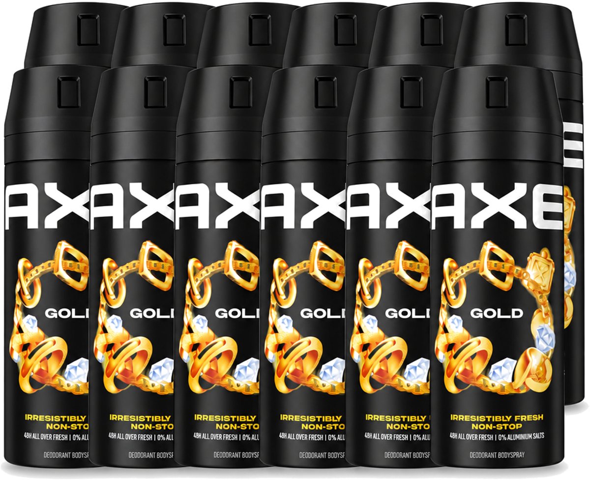12 x Axe - Deodorant Bodyspray - 48hrs Fresh - Gold - Oud Wood & Fresh Vanilla - 150 ml - Voordeelverpakking - 12 stuks