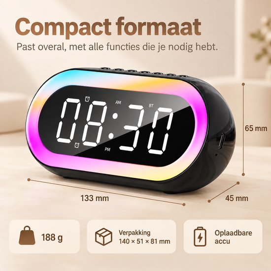Multifunctionele klok - Draagbare luidspreker - Bluetooth - FM radio - 5 in 1 - Digitale wekker - Temperatuurweergave - Oplaadbaar - Sfeerverlichting - Zwart — afbeelding 2