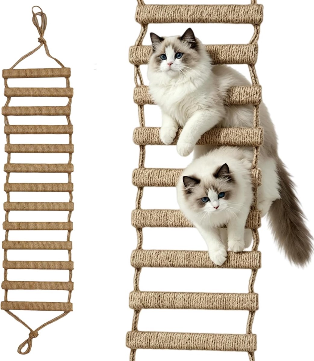 Kattenladder: Wand-kattenladderbrug van hout & sisal touw, klimrek voor kattenmuur, ruimtebesparende kattentrap - ShopVlot