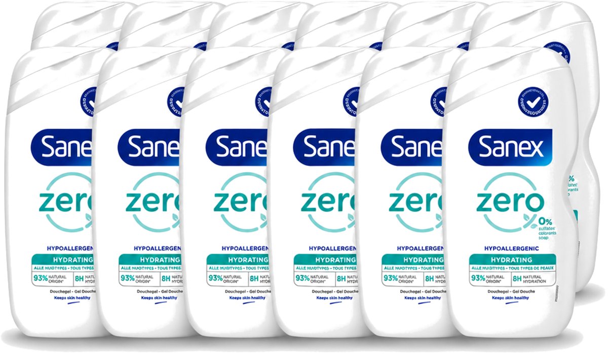 12 x Sanex Zero % - Douchegel - Hydrateert - Alle Huidtypes - 400 ml - Voordeelverpakking - 12 stuks